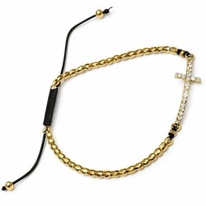 Gold Beaded Cross Bracelet Adjustable Pull Cord Religious Jewelry Crystal Cross